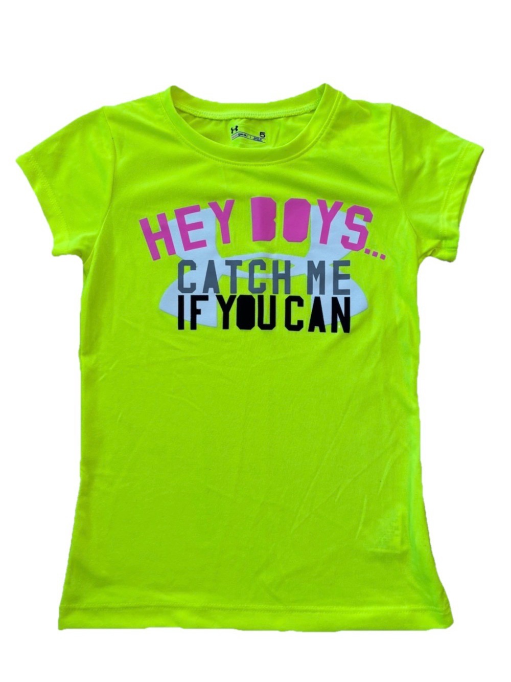Under Armour Neon Yellow Girls' 'HEY BOYS' Graphic Tee - Size 5